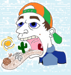 Animated man sticking tongue out with desert elements on it signifying a dry mouth 