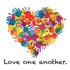 Heart made out of different color handprints with love one another written below