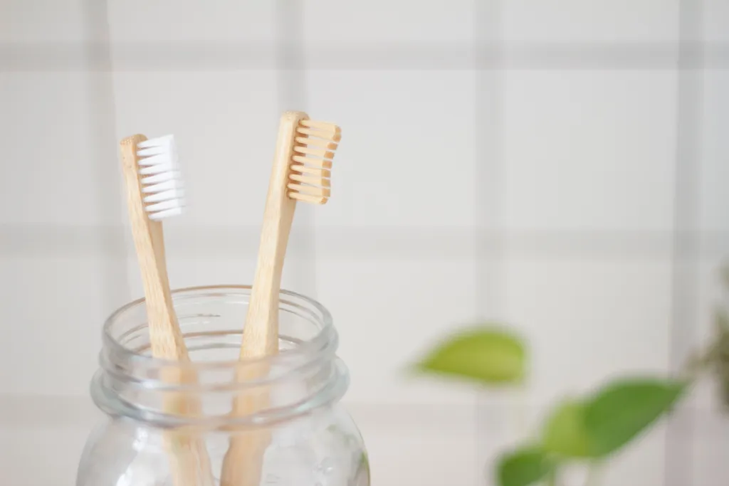 Wood Tooth Brushes in Glass Jar